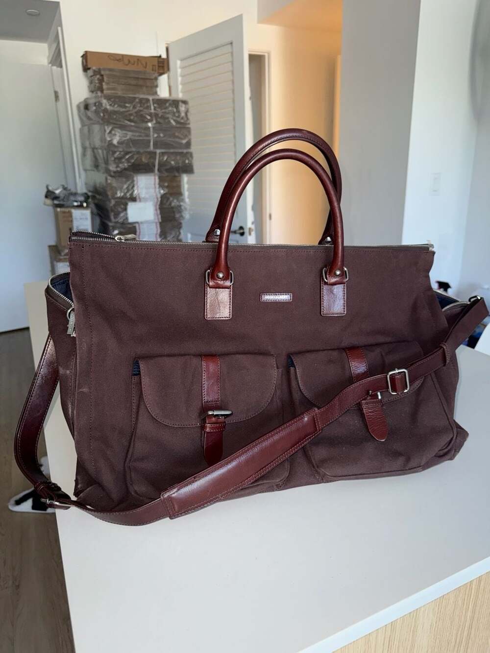 Hook & Albert Canvas Leather Trim Garment Weekender Duffel Bag Maroon Red